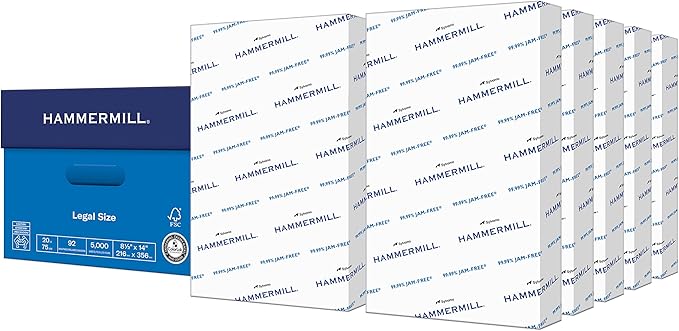 Hammermill Printer Paper, 20 lb Copy Paper, 8.5 x 14 - 10 Ream (5,000 Sheets) - 92 Bright, Made in the USA, 105015C