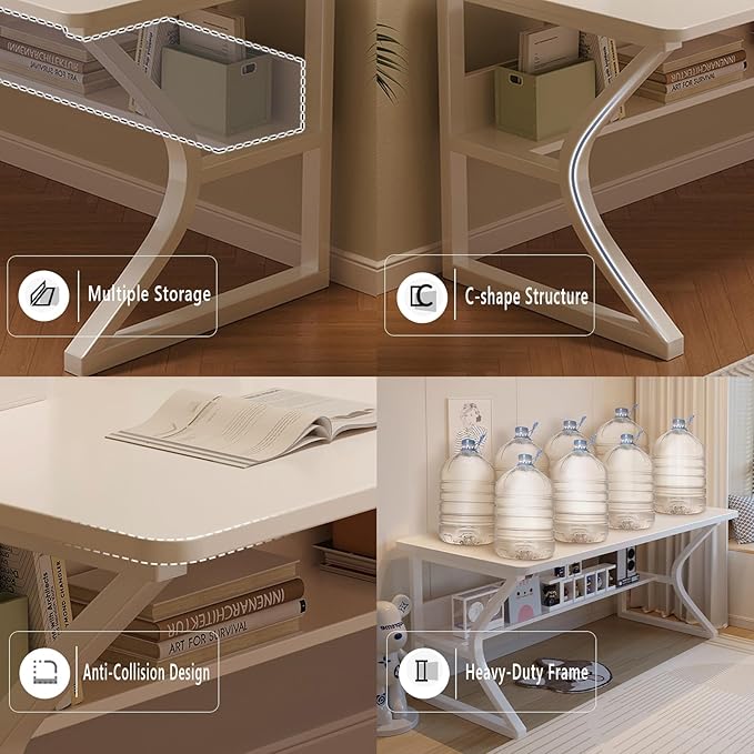 Extra Long Desk with Bookshelf - 63" Double Long Writing Table for 2-Person Workstation, Modern Study Work Computer Desk for Home and Office, Warm White