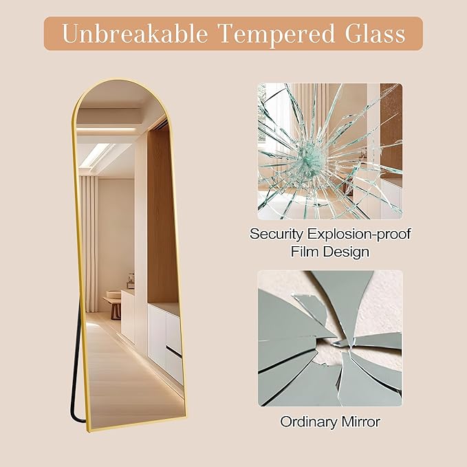 Arched Full Length Mirror, 58" x 18" Floor Mirror with Stand – Shatterproof Tempered Glass, Modern Aluminum Frame, Multi-Mount for Bedroom, Living Room, Gym, Gold