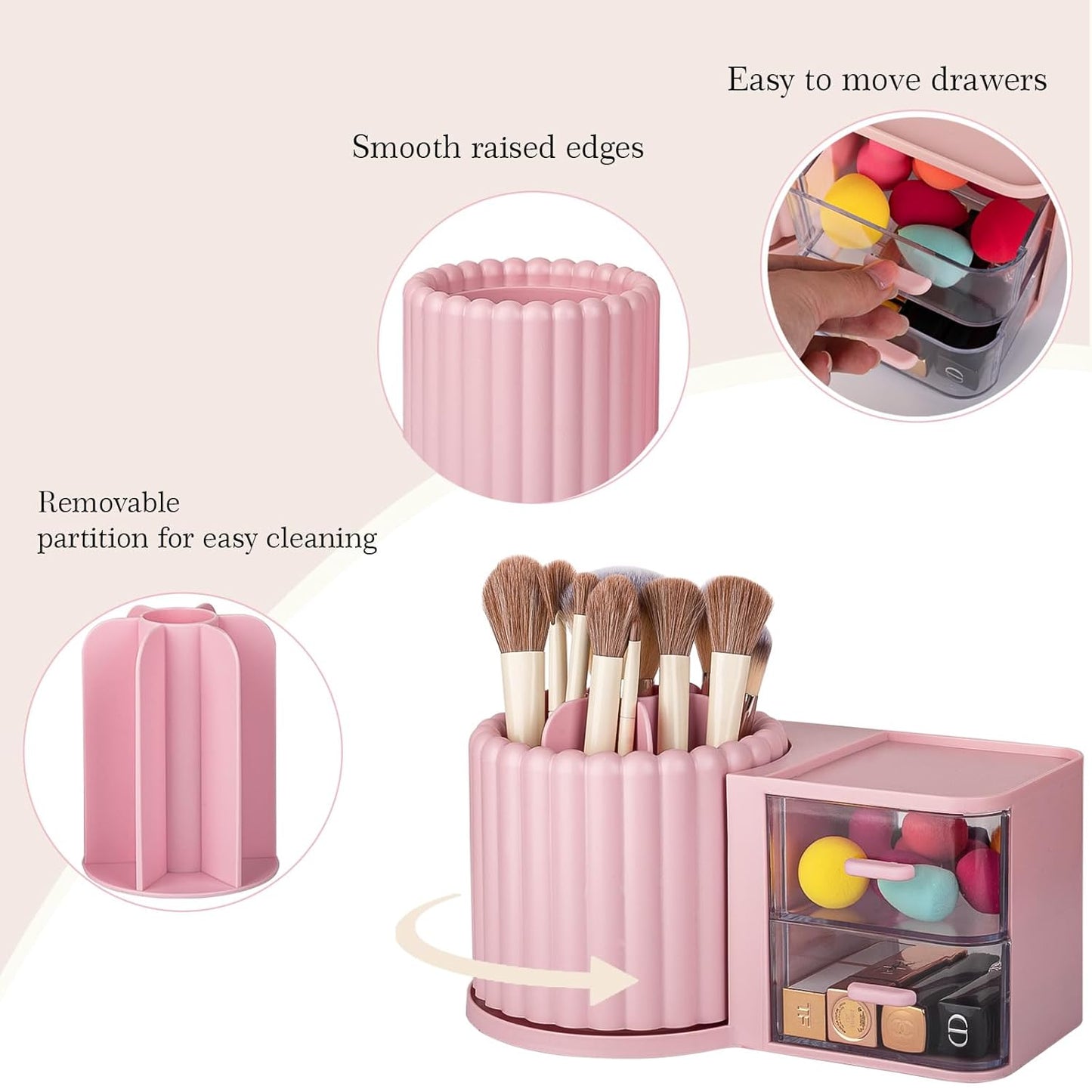 Anyoifax 360 Rotating Makeup Brush Holder 7 Slots Makeup Organizer with Drawer Removable Spinning Cosmetic Storage Pen Holder for Vanity, Dresser, Desk, Pink