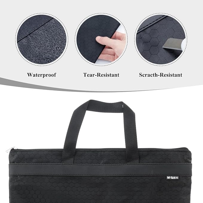 M&G 12x15 in Large Zipper Pouch with Handle, A4 Foldable Lightweight Waterproof Oxford Document Storage Bag, File Organizer for Office Travel Books Papers Filing Folder – 1 Pack (Black)