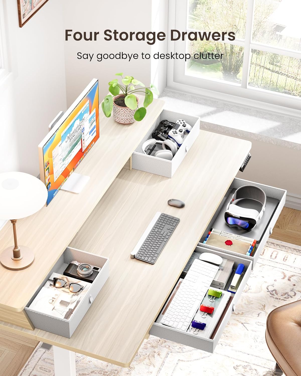 ErGear Electric Standing Desk with 4 Drawers, 63" x 30" Height Adjustable Desk with Storage, C-Clamp Mount Compatible, Computer Home Office Table with Cable Management Tray, Natural