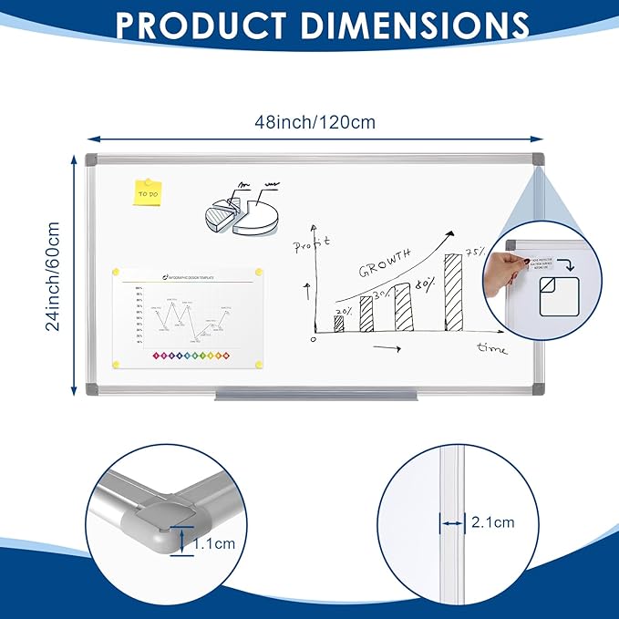 SWANCROWN Magnetic Dry Erase Board 48 x 24 Inches - Large White Board, Silver Aluminum Frame, 4' x 2' Writing Whiteboard for Walls, Home Office, School, Studio