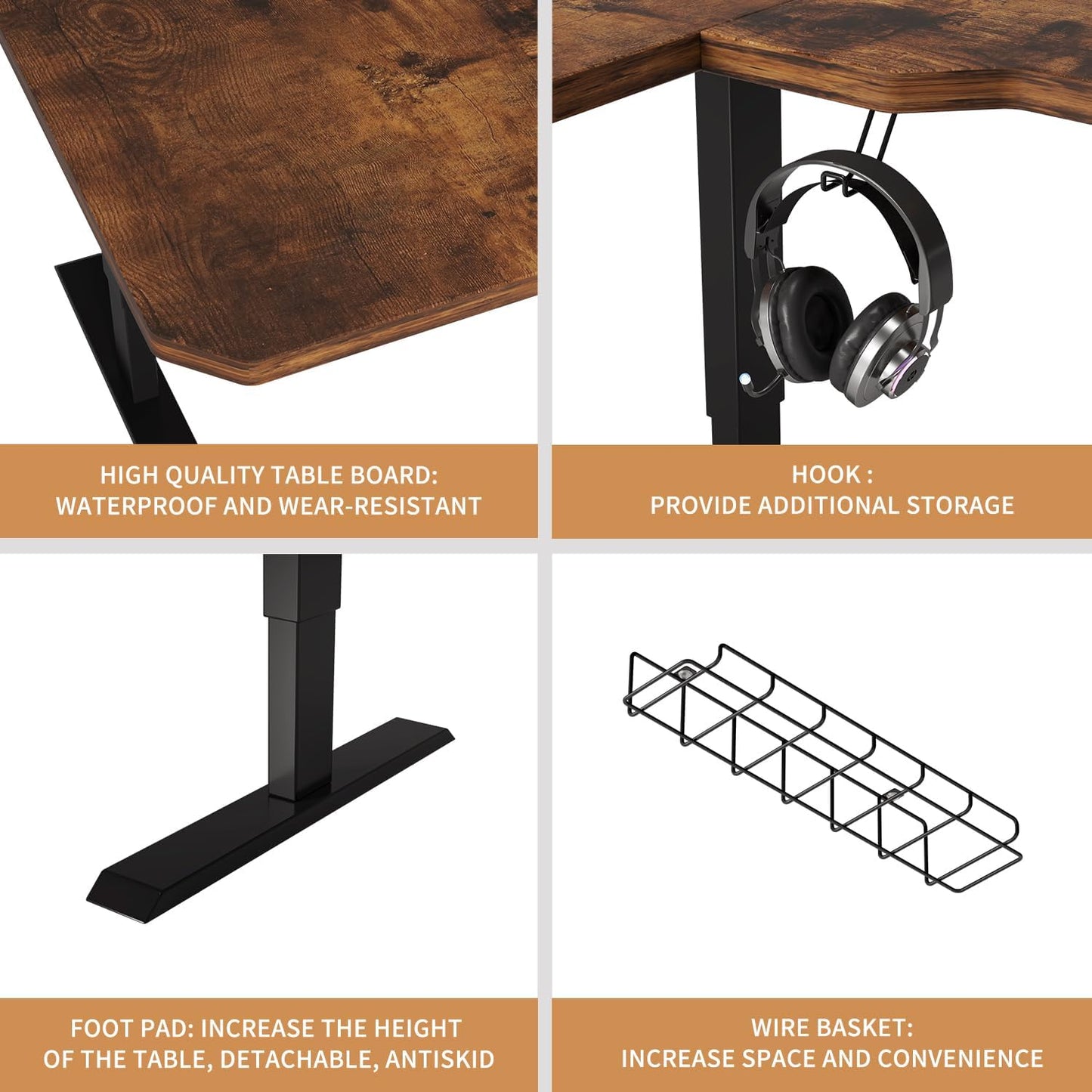 Electric Height Adjustable Standing Desk, 59 L-Shaped Sit - Stand Desk for Work or Home Office Push Button Memory Settings Brown Splice Board/Black Frame