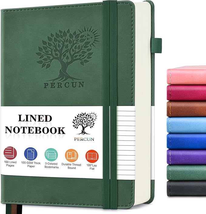 PERCUN Lined Journal Notebook for Men & Women, 160 Pages College Ruled Journal for Writing, A5 Hardcover Leather Notebooks for Work, School, Business, Travel, Daily Diary 5.9" x 8.5" - Green