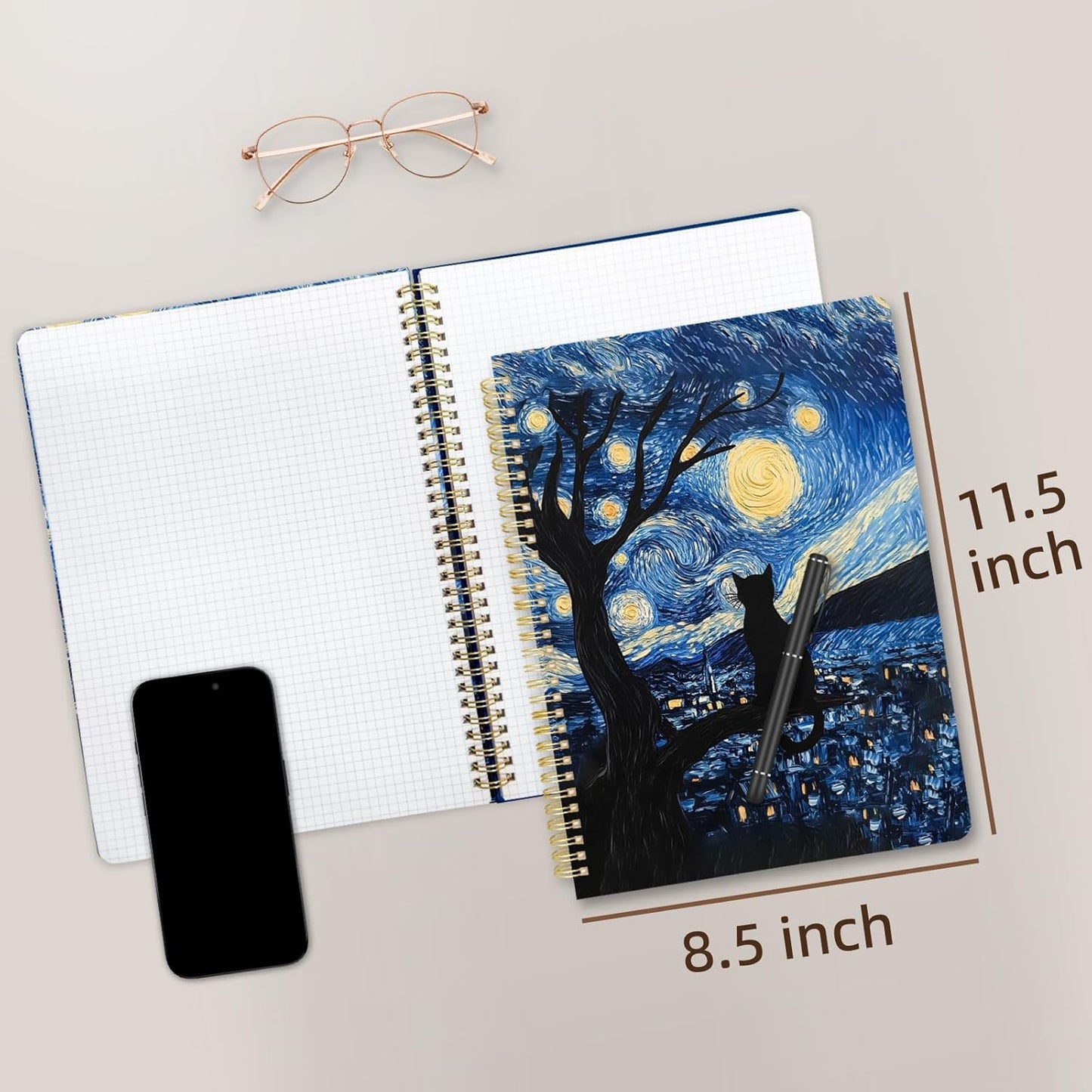 Cute Spiral Notebook journal A4 Aesthetic Pretty Design for Women Girls Kawaii with Pocket, 8.5 x 11 inch, Graph, Cat Galaxy