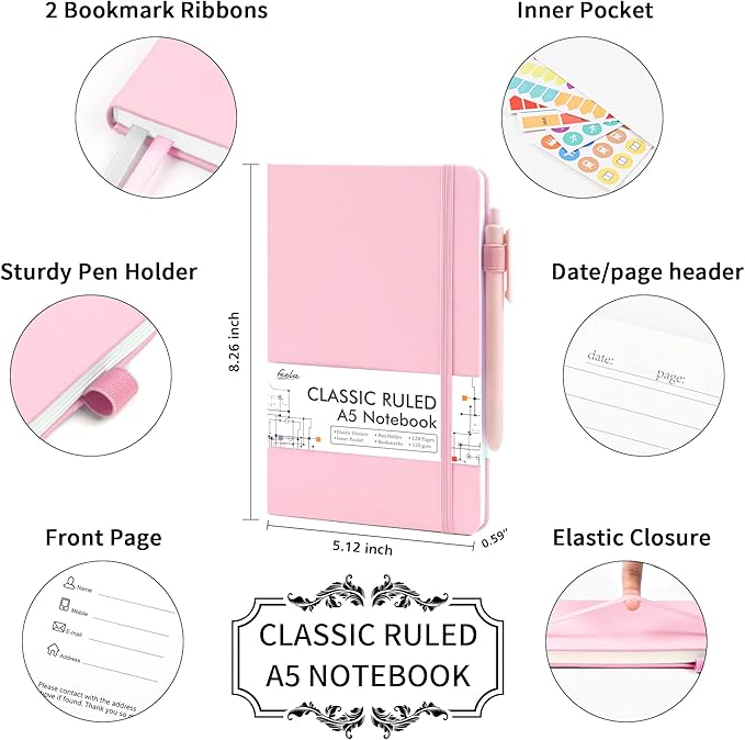 feela 12 Pack Notebooks Journals Bulk, Hardcover Notebook Classic Ruled Lined Journals with Pen Holder for Women Girls School Business Supplies, with 12 Black Pens, 120 GSM, 5.1”x8.3”, A5, Rose Pink