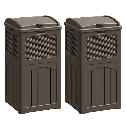 Flamaker 30 Gallon Trash Can, Resin Outdoor Garbage Can with Lid, Waterproof Hideaway Patio Waste Bins for Outside Use (2 Pack, Deep Brown)