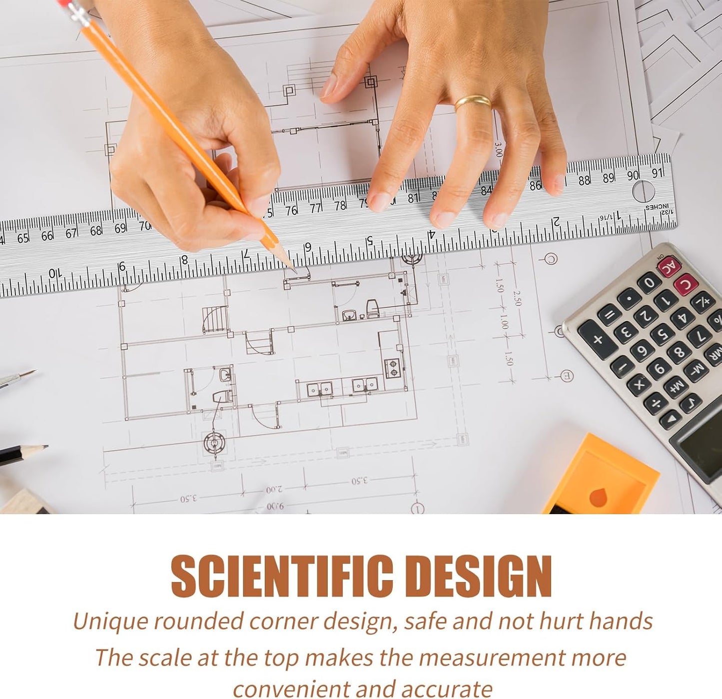 24 Inch Metal Ruler, Stainless Steel Straight Edge Ruler with Cork Backing, Non-Slip Imperial & Metric Measuring Tool for School, Office, Woodworking, Drafting