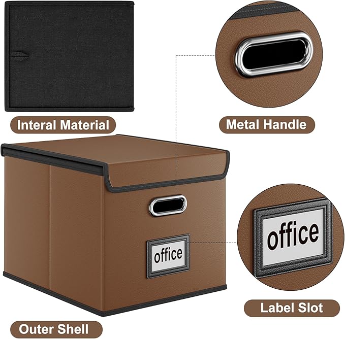Huolewa Upgraded File Organizer Boxes with Lids, Collapsible Faux Leather Hanging File Folder Box Organizer with Plastic Slide, Decorative Home/Office Filing System Boxes for File and Folders Storage