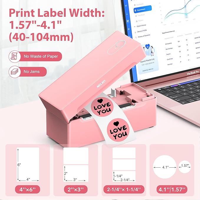 Nelko Bluetooth Thermal Shipping Label Printer, Wireless 4x6 Shipping Label Printer for Shipping Packages, Support Android, iPhone and Windows, Widely Used for Amazon, Ebay, Shopify (Pink)
