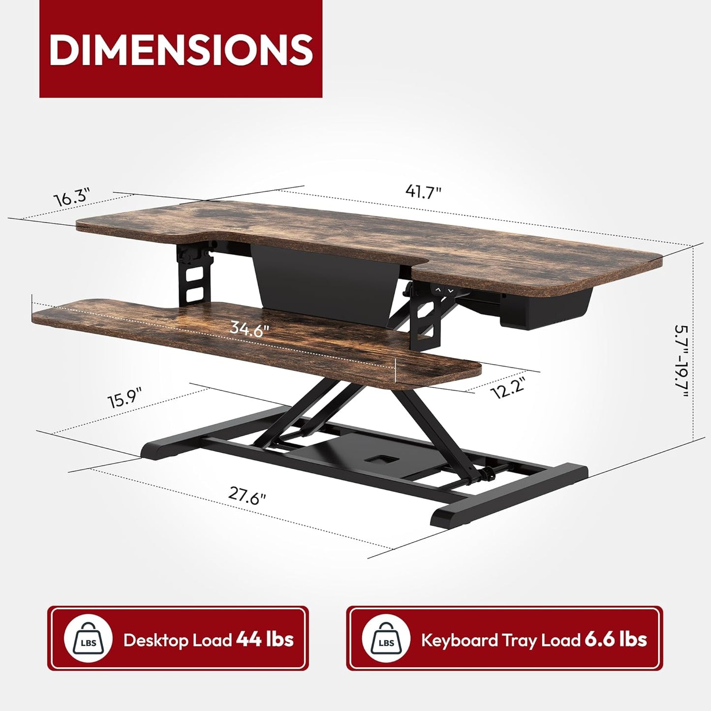 SANODESK Standing Desk Converter with Electric Motor 42" Height Adjustable Riser for Office Home,Dual Monitor and Laptop Workstation with Large Keyboard Tray,Rustic Color