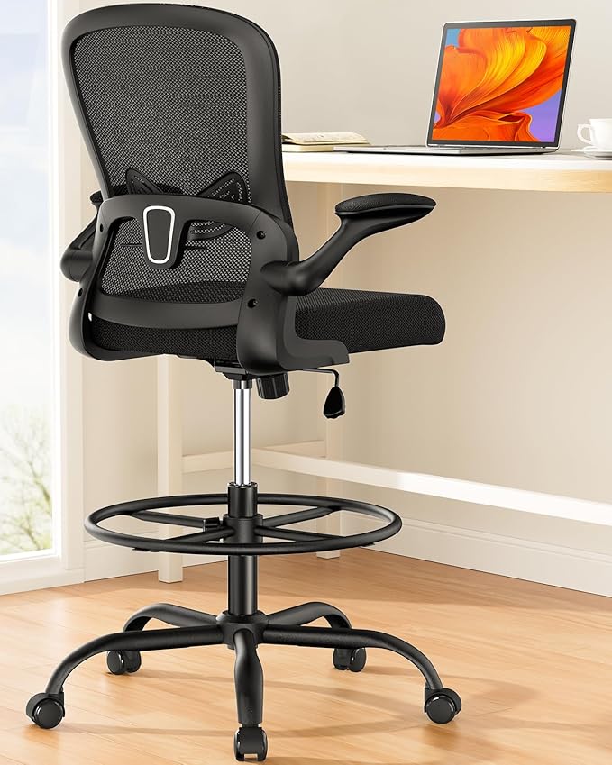 ErGear Drafting Chair, Standing Desk Chair with Flip-Up Armrests, High Desk Chair Adjustable Height, Ergonomic Tall Office Chair with Lumbar Support and Adjustable Footrest Ring