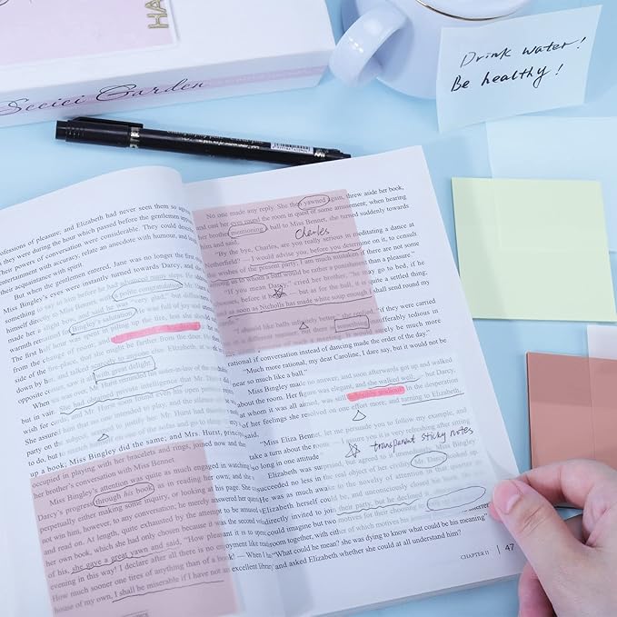 AIERSA Transparent Sticky Notes, 3"x3" Clear Sticky Notes Tabs Set for Annotation Books,Page Markers, Index, Bible Accessories, Aesthetic School Office Supplies,Neutral Pastel Colors,2 Pads