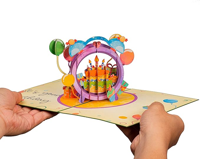 Paper Love 3D Pop Up Birthday Card, Time to Party, For Adults and Kids - 5"x7" Cover - Includes Envelope and Note Tag