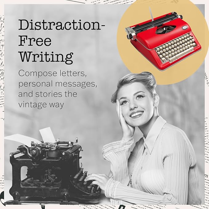 Maplefield Vintage Manual Typewriter Machine - Red Typewriter for Writers & Authors - Antique Desk Decor & Office Accessory - Compact Design & Easy Setup