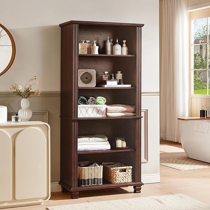 70" Tall Walnut Bookshelf,5 Tier Wooden Book Shelf with Adjustable Shelves & Wood Legs,Free Standing Farmhouse Bookcase with Open Display Storage,Vintage Bookshelves for Classroom, 3PCS