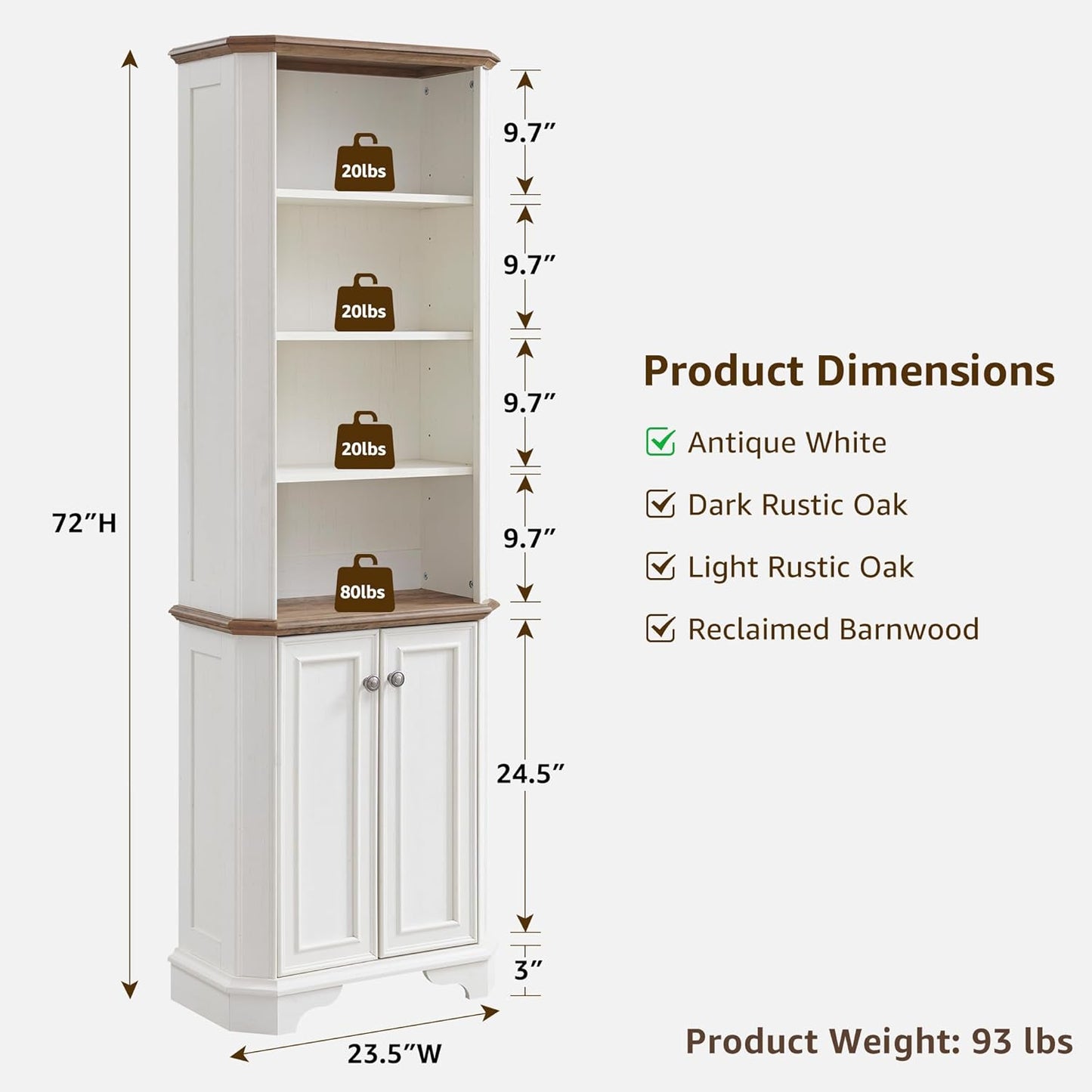 T4TREAM 6-Tier Bookshelf with Storage, 72" Tall Farmhouse Bookcase with Doors and Adjustable Shelves, Wooden Floor Standing Display Book Shelf Organizer for Home Office, Antique White