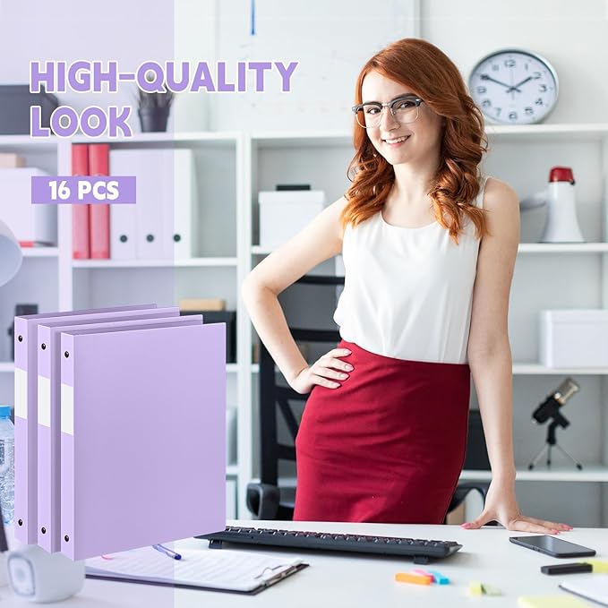 Henoyso 16 Pcs 3 Ring Binder 1/2'' Round Fits Letter Size 8. 5'' x 11'' Paper Plastic Flexible Binder Holds 100 Sheets with 1 Pockets Versatile Organizer for Office Home School (Light Purple)
