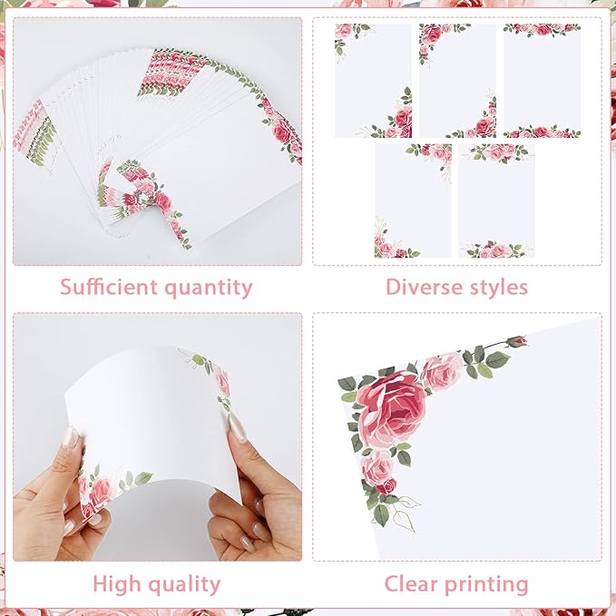 PerKoop 50 Pcs Blank Note Cards Decorative Notecards 4x6in Greenery Floral Notecards Printer Paper Cardstock Cards for Wedding Office DIY Drawing Thank Greeting Supplies(Rose)