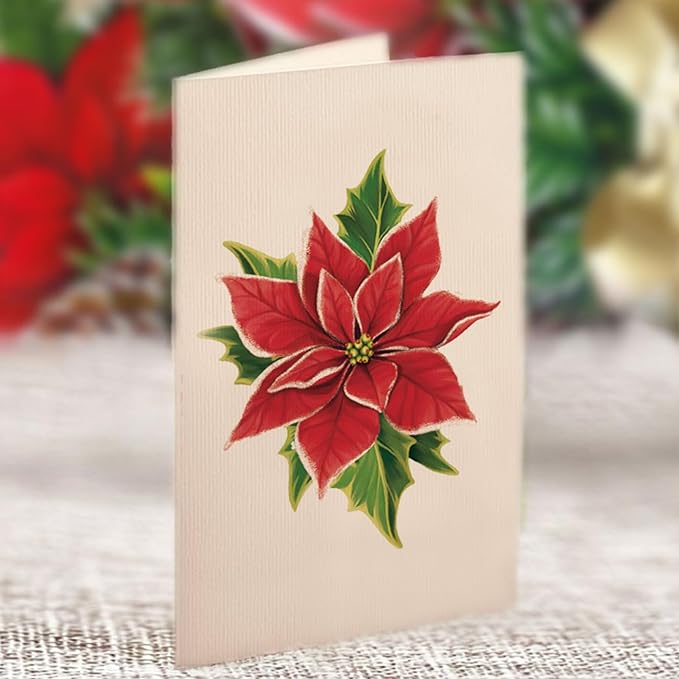 Freshcut Paper Pop Up Cards, Mini Birch Poinsettia, 6 Inch Mini Sized Forever Flower Bouquet 3D Popup Greeting Cards, Christmas Card, Holiday Card, Blank Notecard & Envelope