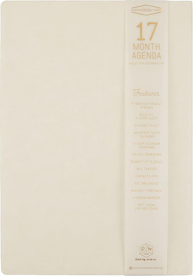 DesignWorks Ink Soft Cover Vegan Leather 17-Month Large Agenda Book, Ivory- Dream It. Believe It. Do It.