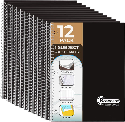 1 Subject Spiral Notebook, 12 Pack, College Ruled, Water Resistant Cover, Thick 140 Pages/Book (70 Sheets), 8 x 10-1/2, 3 Hole, Bulk School & Office, Black Cover
