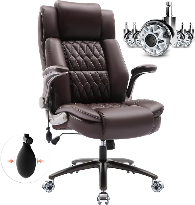 Large High Back Office Chair - Adjustable Lumbar Support Flip Up Arms Heavy Duty Quiet Wheels Metal Base Breathable Bonded Leather Ergonomic Executive Computer Desk Chair with Storage Bags, Brown