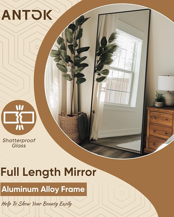 Antok Full Length Mirror, 71"x32" Floor Mirror, Floor Standing Freestanding Full Body Mirror with Stand for Bedroom, Hanging Mounted for Living Room Cloakroom, Black