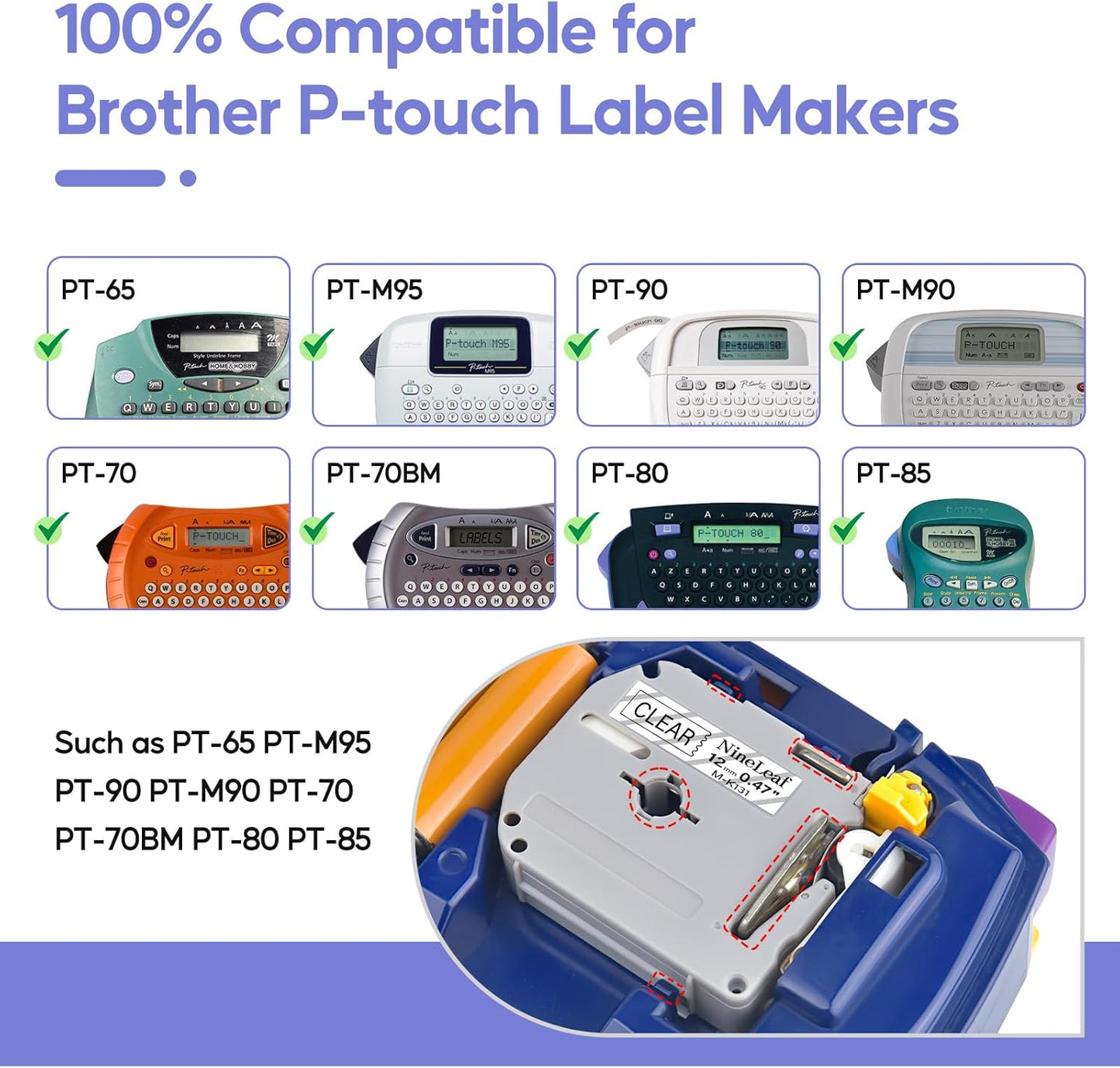 NineLeaf 4 Pack Compatible for Brother P-Touch M Tape M-K131 M-K131S MK131 M131 12mm 0.47'' Black on Clear Label Tape for PT-70BBVP PT-70BMH PT-70HK PT-70HOL PT-70HOT Label Maker