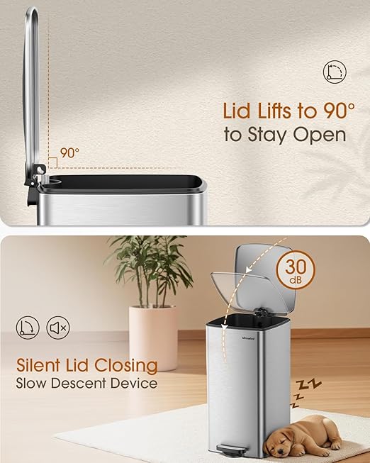Lovewind Kitchen Trash Can with Lid, 8 Gallon/30 L Footstep Garbage Can for Kitchen Bedroom Home Office, 30 Liter Trash Bin Brushed Stainless Steel Waste Bin with Soft-Close Lid,Silver
