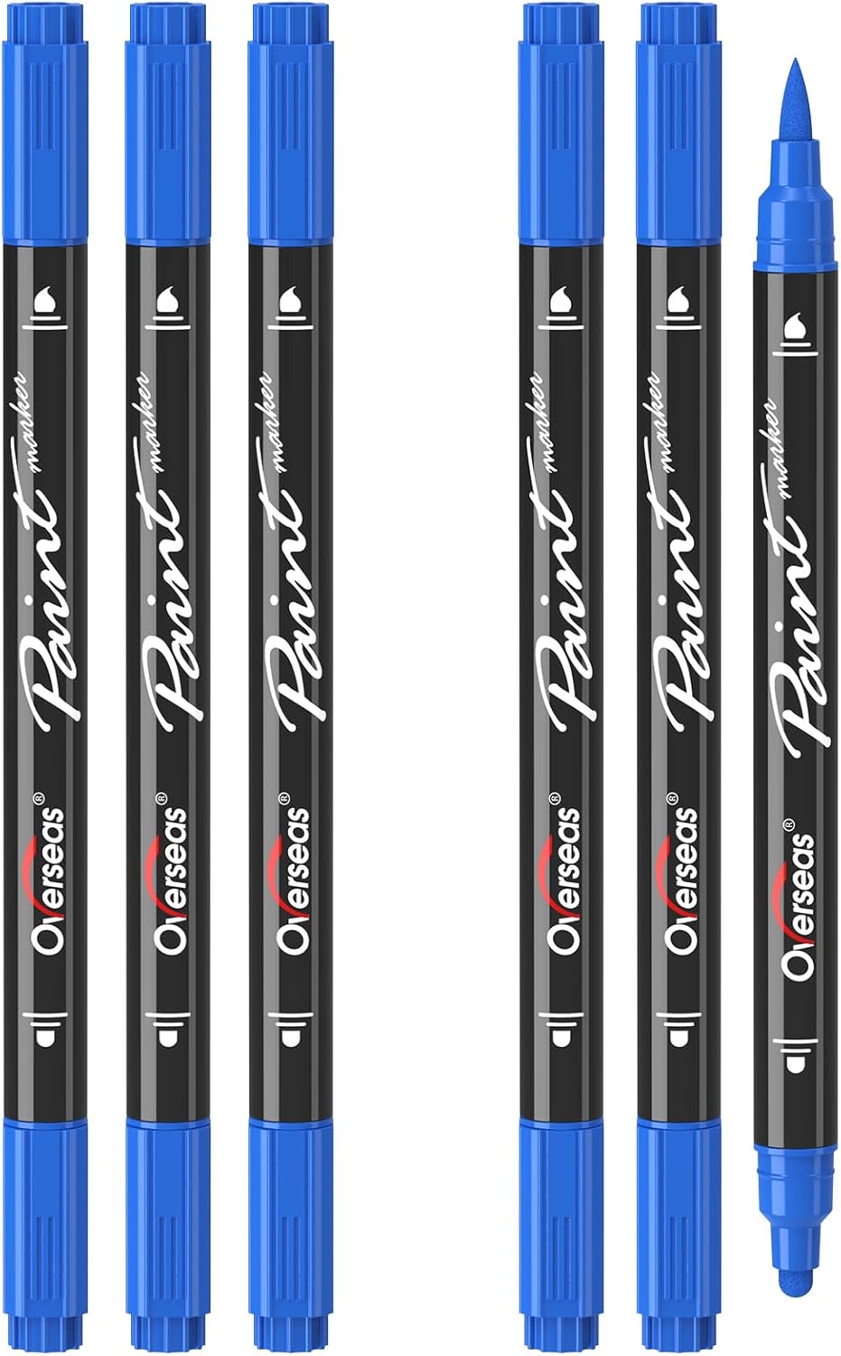 Overseas Blue Acrylic Paint Markers, 6 Pack Dual Tip Paint Pens Acrylic Markers - Dot and Brush Tip Coloring Marker for Wood, Rock, Canvas, Glass, Metal, Plastic, Rubber, Fabric, School Supplies