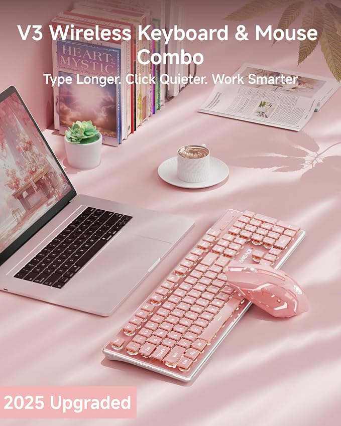 V3 Wireless Keyboard and Mouse with Single Backlit, Metal Panel, Bluetooth/2.4G Rechargeable Computer Keyboard and Mouse Combo Silent Lighted Full Size Cute Keyboards-Pink