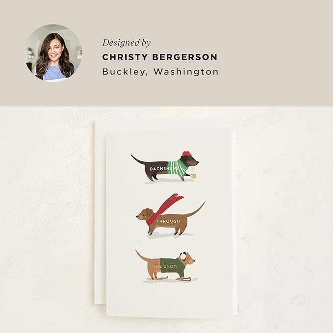 Minted Dachshund Through the Snow Christmas Cards, 8 Cards with Envelopes, Folded 5x7 Holiday Card with Playful Dog Illustration, Classic Design, Gold Foil-Pressed, Luxurious Paper, Interior Message