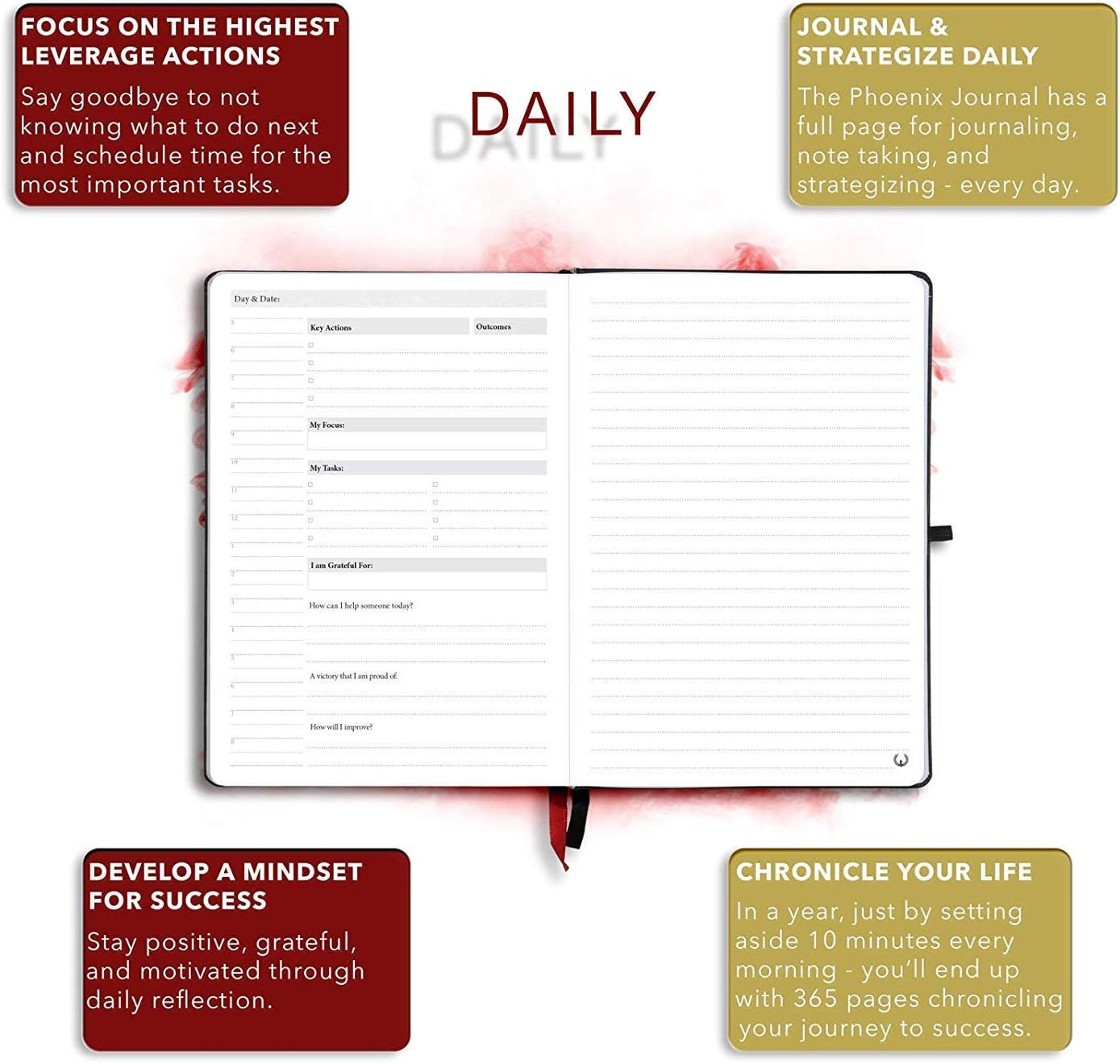 The Phoenix Journal - Best Daily Goal Planner, Organizer, & Calendar for Goal Setting, Gratitude, Happiness, & Productivity - Vision Board & Habit Tracking - 12 Weeks, Undated, Hardcover (Pink)