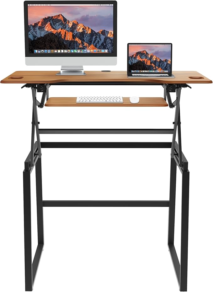 Rocelco 46" Large Height Adjustable Standing Desk BUNDLE - Quick Sit Stand Up Dual Monitor Riser - Gas Spring Assist Computer Workstation - Retractable Keyboard Tray - Teak wood Grain (R DADRT-46-FS2)