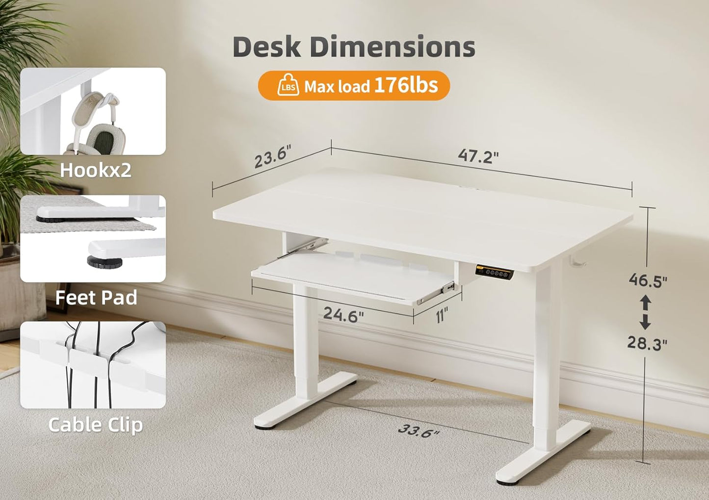 Claiks Standing Desk with Keyboard Tray, Electric Standing Desk Adjustable Height, 48x24 Inches Sit Stand up Desks with Splice Board, Raising Desks for Home Office, White