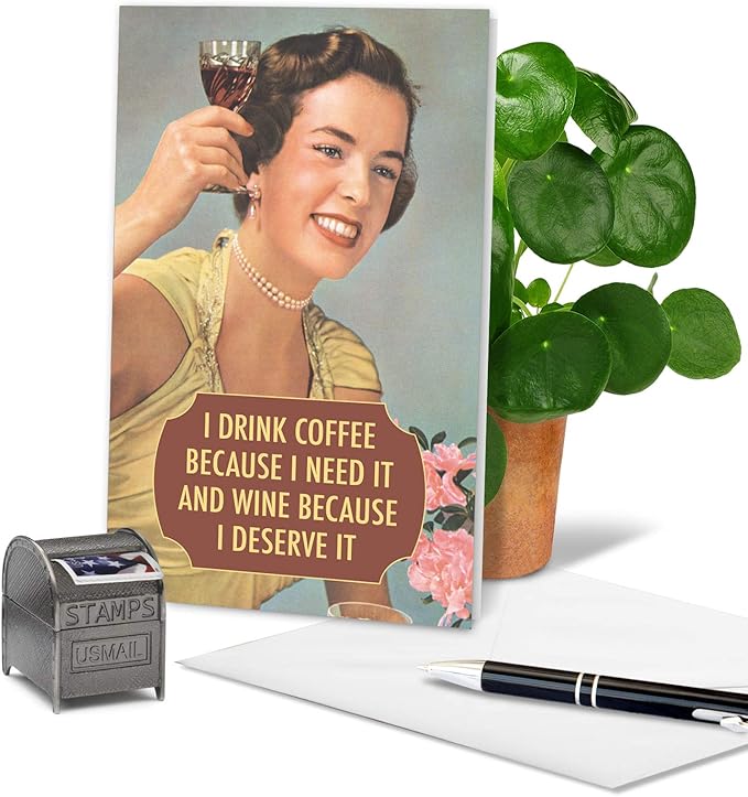 NobleWorks Funny Birthday Greeting Card with 5 x 7 Inch Envelope (1 Card) Bday Drink Coffee and Wine 4077