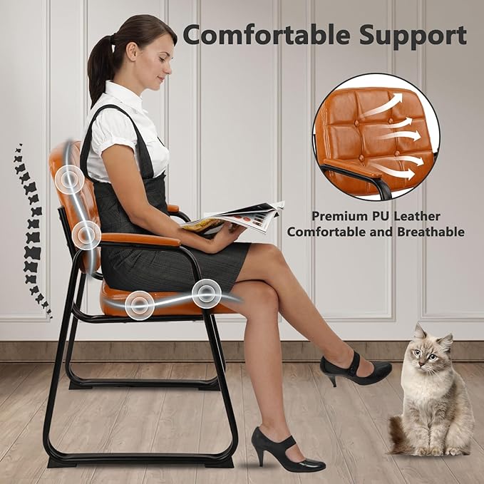 CLATINA Office Guest Chair, Leather Reception Chairs with Padded Arms, Desk Chair No Wheels Stationary for Conference Lobby Waiting Room Training Side Elderly, Set of 2-Orange