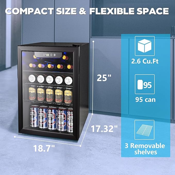 26 Bottle Wine Cooler, 95 Cans Beverage Refrigerator, 2.6 cu.ft Drink Fridge Digital Temperature Control for Beer, Soda,Water, Drink Cooler for Home Office Bar