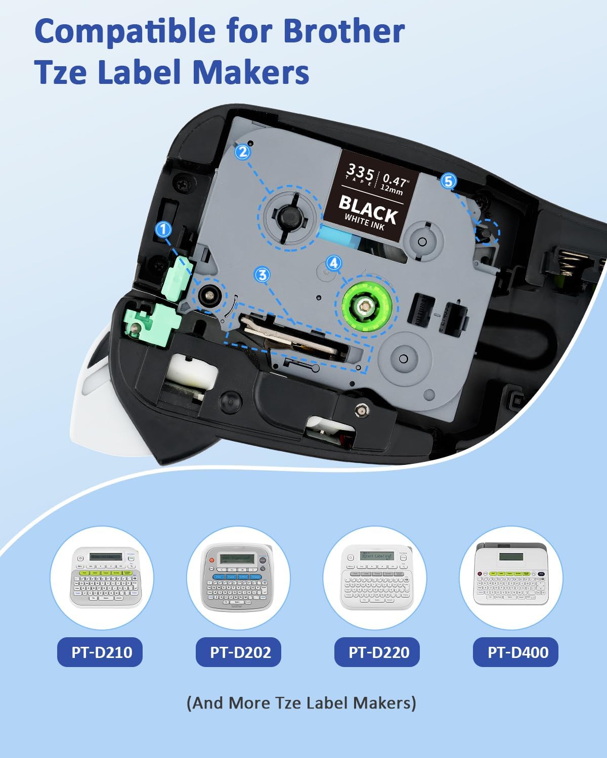 Tze335 Tze 12mm 0.47 Laminated Black Label Maker Tape Compatible for Brother Tze-335 Tz-335 Tz 1/2 Refill Work for Ptouch PT-D210 PT-D220 PT-H110 PT-D400 PT-D600, White on Black, 4 Pack