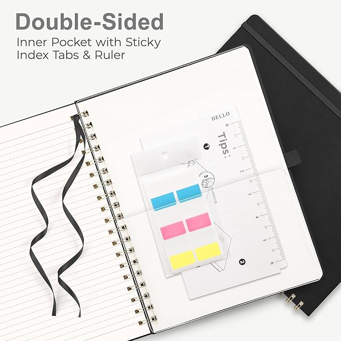 RETTACY Spiral Journal Notebook, 110 Numbered Pages, A4 Large Size (8.5'' x 11''), for Men & Women, Journaling, Writing, Work & Office, Leather Hardcover, 100 GSM Thick Paper (Black)