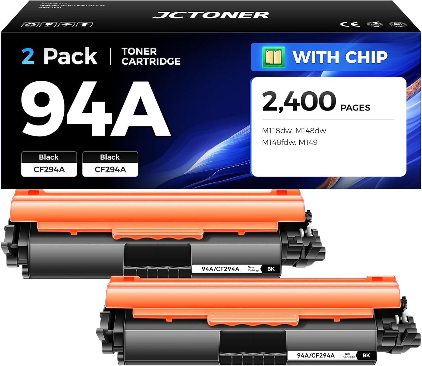 94A Black Toner Cartridge 2-Pack with chip High Yield Replacement for HP 94A CF294A 94X CF294X Toner Compatible with HP Laserjet Pro MFP M148dw M148fdw M118dw Printer M148 M118 M149 Series Ink Copy