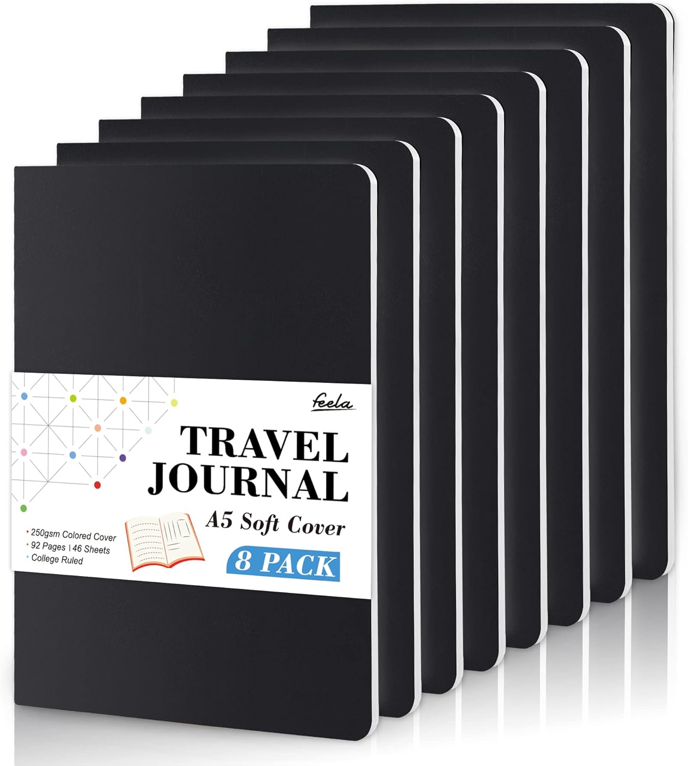 8 Pack Soft Cover Journal Bulk, Feela Notebooks College Ruled for Work, Lined Travel Journal for Women Men, Note Taking Notebook School Supplies Business Writing, 8.2” x 5.5”, A5, Black