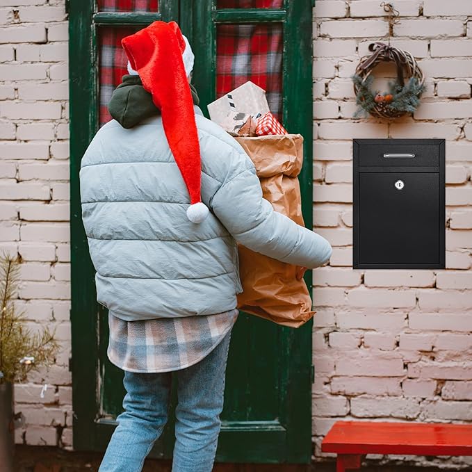 Locking Mailbox with Key for Outdoor 12.2 x 8.5 x 3 Inches Large Wall Mount Mail Box with Lock Security Mail Drop Metal Collection Boxes Hanging Secure Postbox(Black)