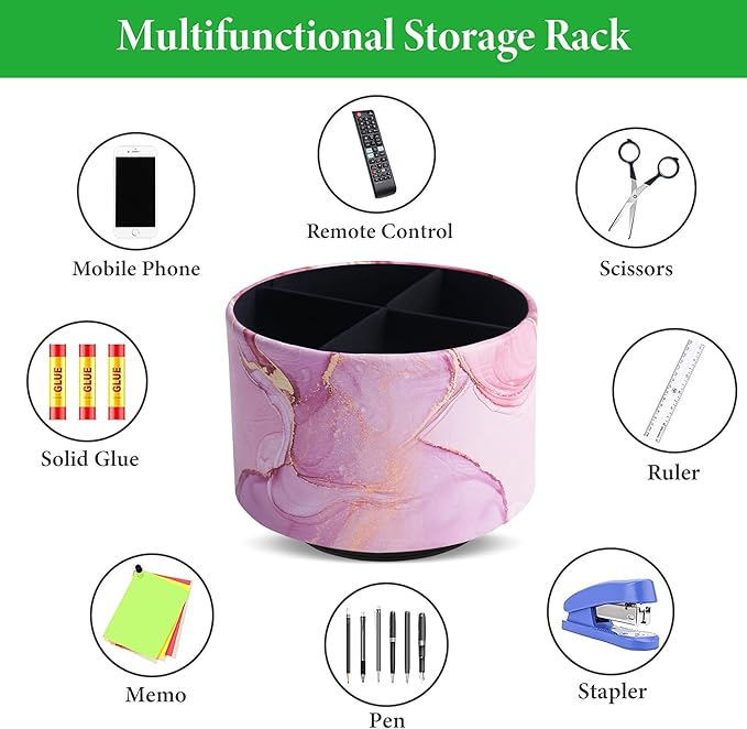 Round Leather Art Supply Organizer,Remote Control Holder,360-degree Rotating Pen Organizer with 4 Compartments(1-Pink Splash Ink)