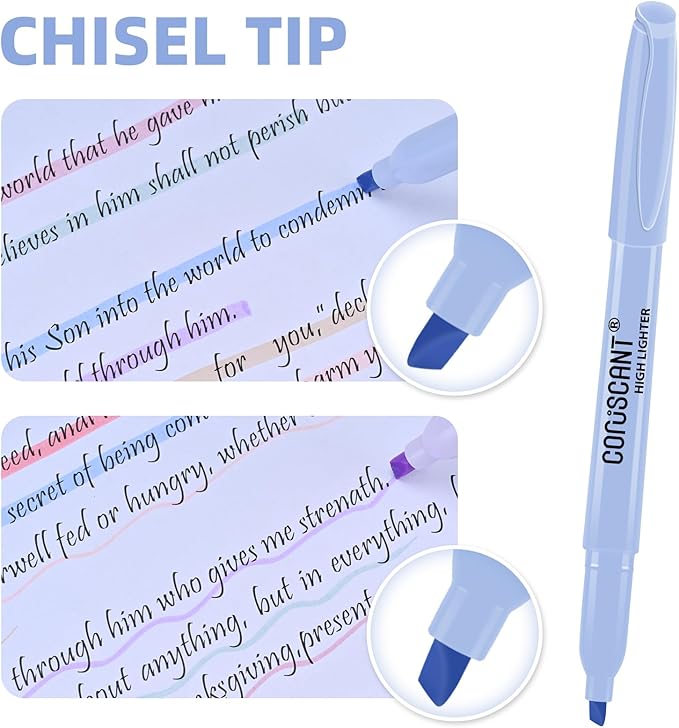 coruscant Pastel Highlighters Set, Assorted Colors Chisel Tip Cute Bible Highlighters, No Bleed Dry Quickly, for Journal Bible Study, Perfect for thin paper, School Office Supplies, 8 Pack