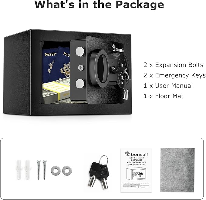 Bonsaii Safe Box with Electronic Keypad, Steel Security Lock Box with Key, 0.23 Cubic Feet, 9.06" W x 6.69" D x 6.69" H, Small Hidden Safe for Cash Jewelry