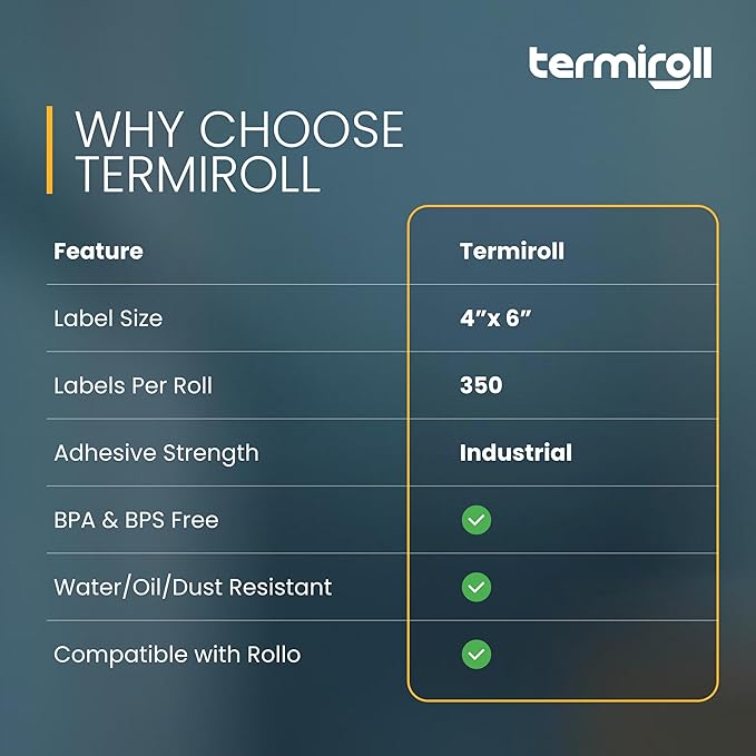 4x6 Thermal Labels – 350 Labels/Roll – Direct Thermal, Non-Perforated – Compatible with Rollo, Zebra, iDPRT, MUNBYN – Strong Adhesive, BPA-Free – Commercial Grade by TERMIROLL