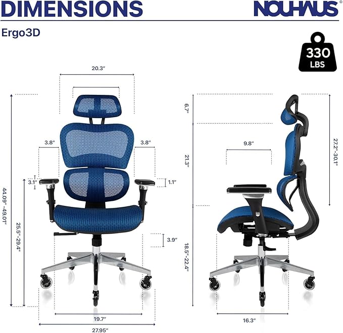 Nouhaus Ergo3D Ergonomic Office Chair Lumbar Support Mesh Office Chair with 4D Adjustable Armrest, Adjustable Headrest and Wheels, Mesh High Back Home Office Desk Chairs(Blue)